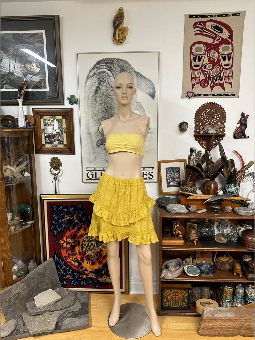 Yellow Ruffled Mid-Mini Skirt Cotton Skirt